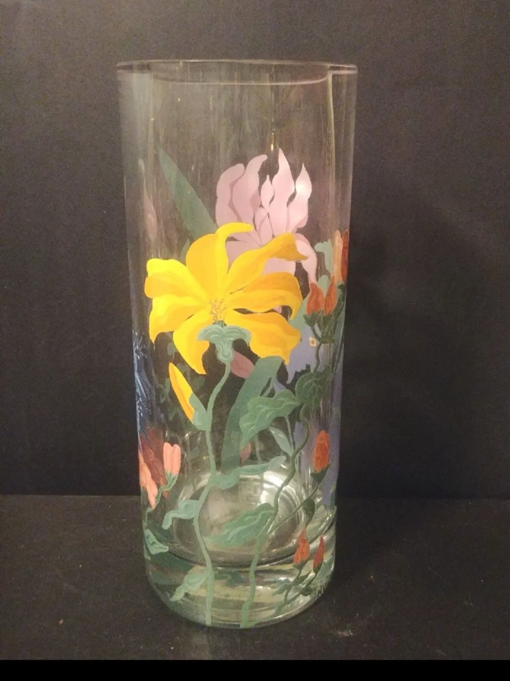 Pottery Barn Thick Glass Cylinder Canister Vase Custom Floral Painted